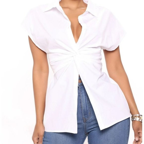 Womens: Fashion Nova: Poplin Blouse Tops - Womens: Fashion Nova: Poplin Blouse Short Sleeve Large White - NWT